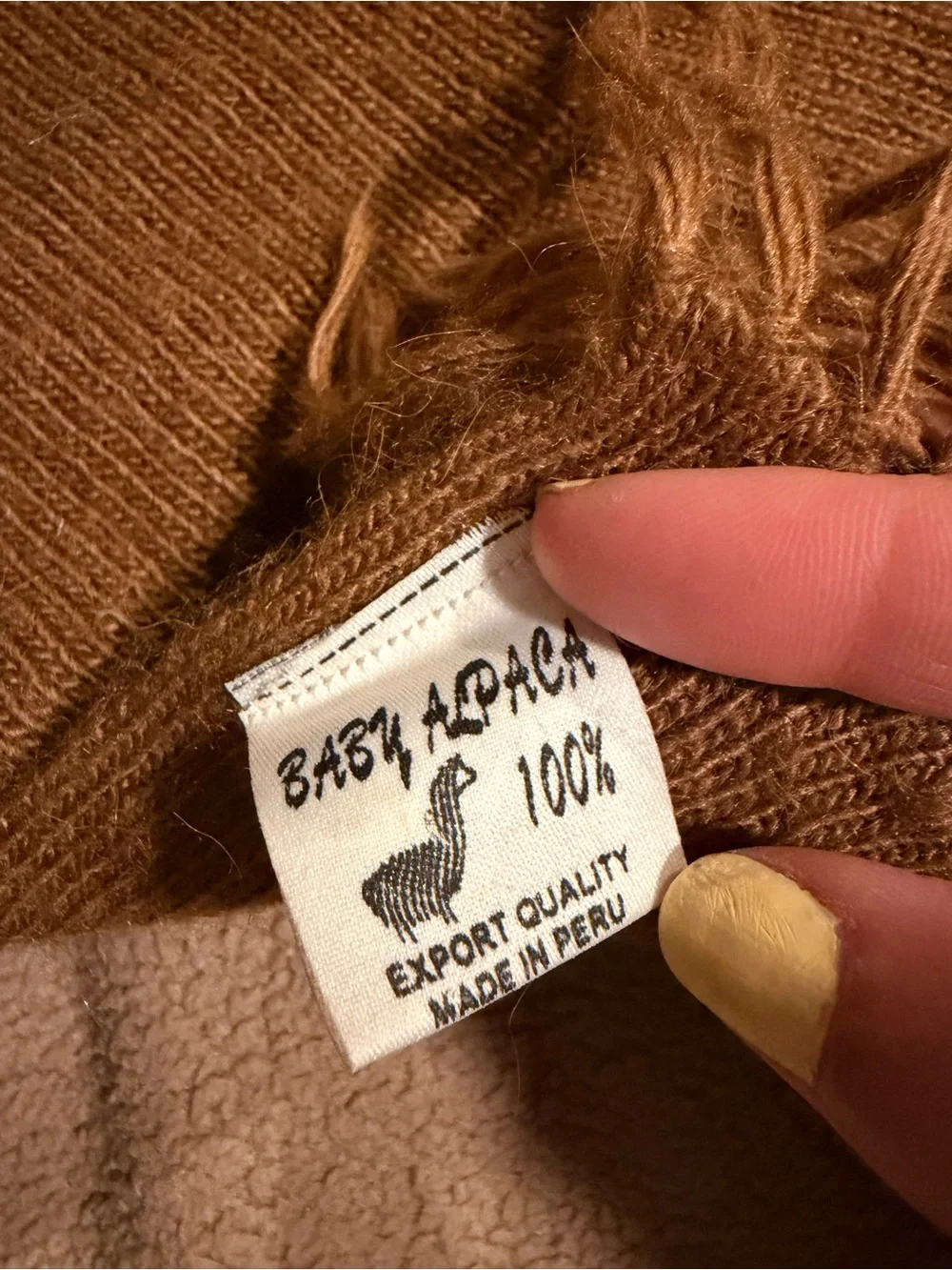 100% Baby Alpaca Cozy Camel colored Fringed Knit Scarf #149